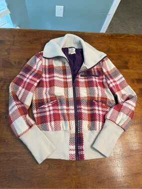 Tulle Clothing Plaid Knit Bomber Jacket Cropped High Collar Ribbed red purple M